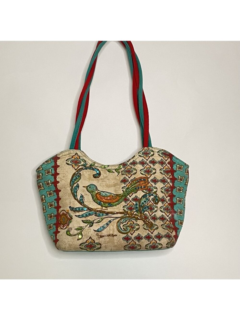 Kate McRostie Cotton Shoulder Tote Bag India Aqua Coral Floral Artisan Beaded